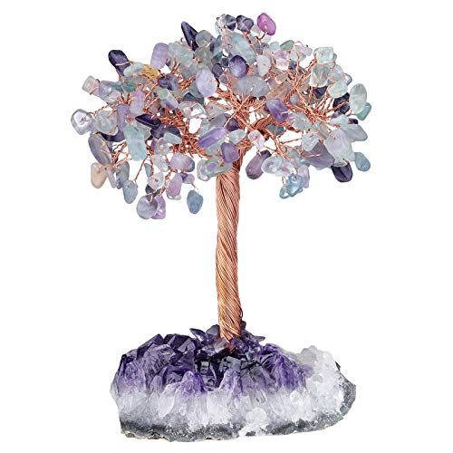 KYEYGWO Fluorite Reiki Heilung Kristallbaum auf Natürlichen Amethyst Drusensegment Rohstück Base, Stein Geldbaum Feng Shui Bonsai Baum Figuren Ornament Haus Deko für Glück, Reichtum von KYEYGWO