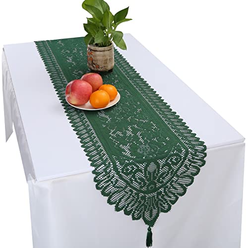 KYEYGWO Grün Hohle Spitze Tischläufer mit Vintage Blumenmuster, Elegante Makramee Tischdecke Boho Tischwäsche mit Quasten, Landhausstil Tischtuch für Esstisch Deko Hochzeit Weihnachten 135x33 cm von KYEYGWO