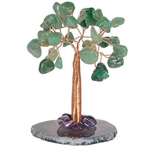 KYEYGWO Grüner Aventurin Heilung Kristallbaum auf Achat Scheiben Base, Handgemachte Kristall Geldbaum Feng Shui Bonsai Baum, Edelstein Glückbaum Dekor für Büro Schlafzimmer und Wohnzimmer von KYEYGWO