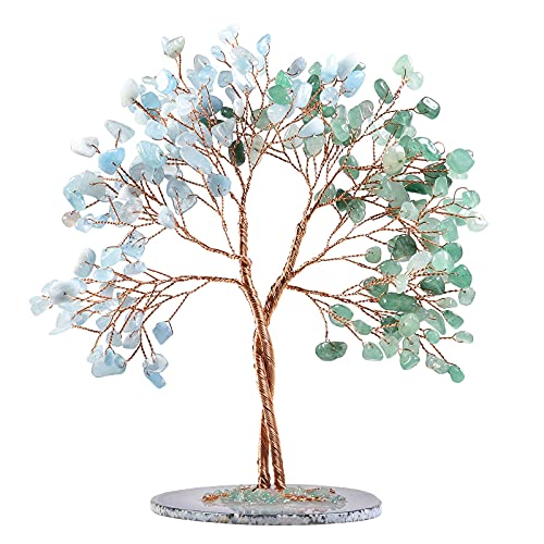 KYEYGWO Grüner Aventurin & Aquamarine Heilung Kristall Geldbaum auf Achat Scheiben Base, Handmade Edelsteinbaum Feng Shui Bonsai Baum Deko Stein Glückbaum Liebe Ornament für Glück, Reichtum von KYEYGWO