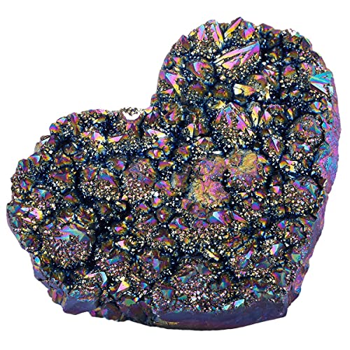 KYEYGWO Herz Titanium Coated Kristall Rohstück Druse, Natürlicher Cluster Specimen Edelstein Geode Figur Liebe Ornament, Mehrfarbig Heilstein Naturstück Dekorative Steine für Haus Decor 150-250 g von KYEYGWO