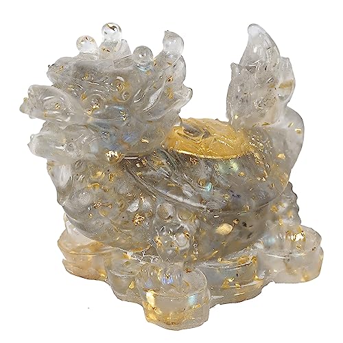 KYEYGWO Labradorit Kristall Drachen-Schildkröte Figur Deko, Harz Chinesischer Drache Stein Statue Reichtum Goldmünze Skulptur Feng Shui Wohlstand Ornament Glück Sammlerfigur für Haus Büro von KYEYGWO