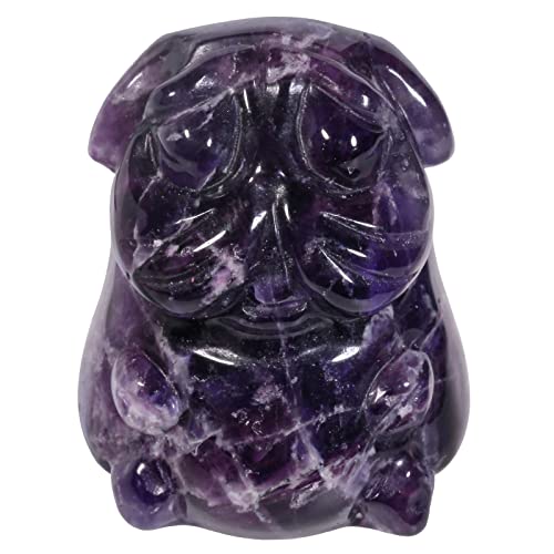 KYEYGWO Mini Stein Hund Figur Deko, 2,8 cm Hoch Amethyst Kristall Mops Statuen Hündchen Taschensteine Edelstein Welpe Skulptur Hand Geschnitzt Heilstein Tier Ornament für Haus und Büro von KYEYGWO