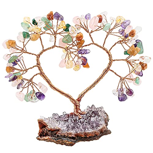 KYEYGWO Mischstein Herz Kristall Geldbaum auf Natürlichen Amethyst Drusensegment Rohstück Base, Feng Shui Bonsai Baum Stein Glückbaum Kristallbaum für Hochzeit, Haus Decor, Heilung von KYEYGWO