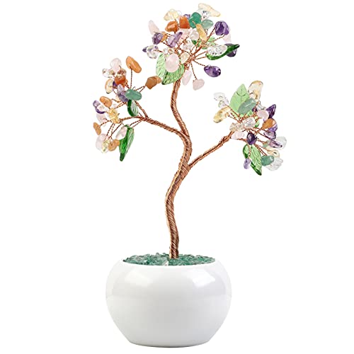 KYEYGWO Mischstein Reiki Heilung Kristallbaum auf Trommelsteine Keramikvase Base, Edelstein Geldbaum Feng Shui Bonsai Baum Handmade Stein Ornament für Glück Reichtum Haus Deko von KYEYGWO