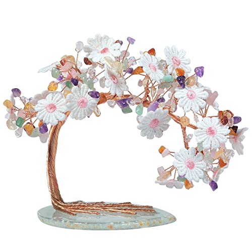 KYEYGWO Mischstein Spitze Blume Kristall Geldbaum auf Achat Scheiben Base, Traditioneller Stickerei Steinbaum Feng Shui Bonsai Baum Figuren Ornament Haus Deko für Glück, Reichtum von KYEYGWO