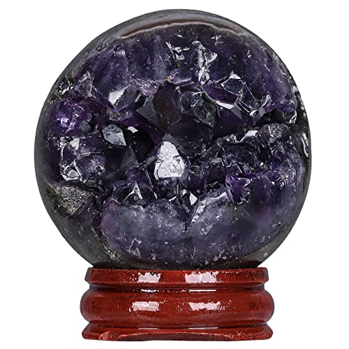 KYEYGWO Natürlichen Amethyst Drusen Kugel Figur mit Holzständer, Poliert Runde Steinkugel Kristall Sphere Drusensegment Rohstück Wahrsagerkugel Dekorative Steine Specimen Fengshui Ornamente, 40-50mm von KYEYGWO