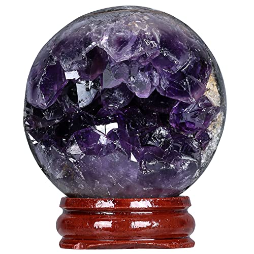 KYEYGWO Natürlichen Amethyst Drusen Kugel Figur mit Holzständer, Poliert Runde Steinkugel Kristall Sphere Drusensegment Rohstück Wahrsagerkugel Dekorative Steine Specimen Fengshui Ornamente, 51-60mm von KYEYGWO