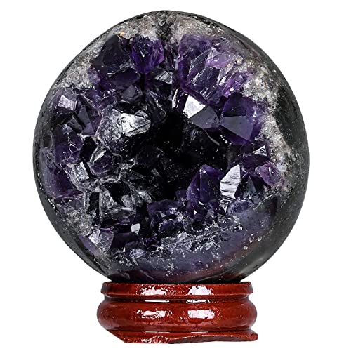 KYEYGWO Natürlichen Amethyst Drusen Kugel Figur mit Holzständer, Poliert Runde Steinkugel Kristall Sphere Drusensegment Rohstück Wahrsagerkugel Dekorative Steine Specimen Fengshui Ornamente, 61-70mm von KYEYGWO