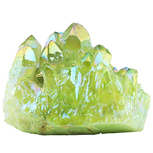 KYEYGWO Natürlicher Bergkristall Titan Beschichtet Kristall Quarz Cluster Specimen Edelstein Figur Dekoration, Unregelmäßige Naturstück Heilung Reiki Stein Deko, Fluoreszierendes Grün von KYEYGWO