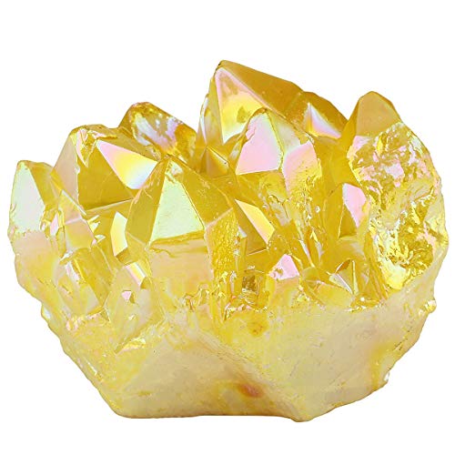 KYEYGWO Natürlicher Bergkristall Titan Beschichtet Kristall Quarz Cluster Specimen Edelstein Figur Dekoration, Unregelmäßige Naturstück Heilung Reiki Stein Deko, Zitronengelb von KYEYGWO