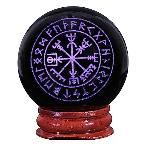 KYEYGWO Obsidian Kristall Kugel Deko mit Geschnitzte Elder Futhark Alphabet Muster, Runde Steinkugel Figur mit Holzständer, Heilstein Sphere Ornament Edelstein Wahrsagerkugel, Violett von KYEYGWO