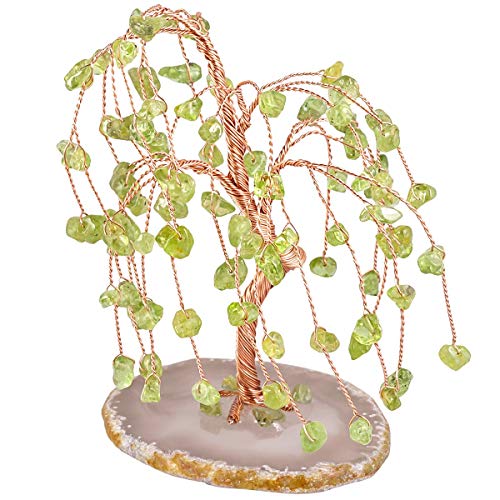 KYEYGWO Peridot Heilung Kristall Geldbaum mit Achat Scheiben Base, Polieren Kristallbaum Feng Shui Bonsai Baum Kupferdraht Edelsteinbaum Haus Deko für Glück, Reichtum und Gesundheit von KYEYGWO