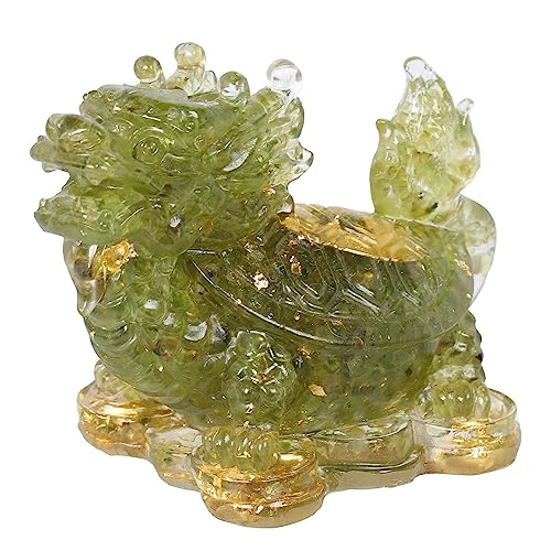 KYEYGWO Peridot Kristall Drachen-Schildkröte Figur Deko, Harz Chinesischer Drache Stein Statue Reichtum Goldmünze Skulptur Feng Shui Wohlstand Ornament Glück Sammlerfigur für Haus Büro von KYEYGWO