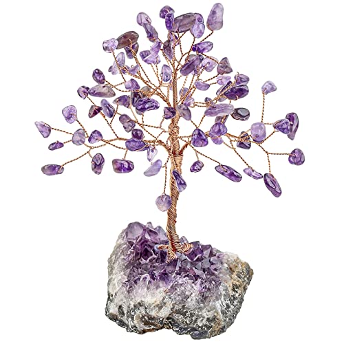 KYEYGWO Reiki Heilung Kristall Geldbaum auf Natürlichen Amethyst Drusensegment Rohstück Base, Stein Glückbaum Feng Shui Bonsai Baum Figuren Ornament Desktop Deko für Haus Büro Laden, Amethyst von KYEYGWO