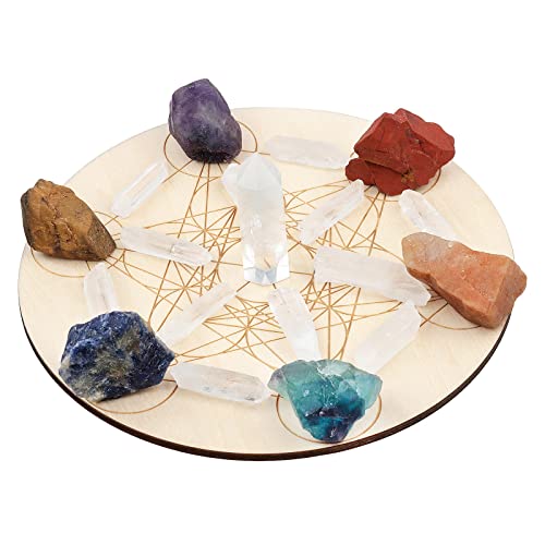 KYEYGWO Reiki Heilung Kristall Gitter Set mit 7 Chakra Rohstein und Bergkristall Zauberstab, Holz Heilige Geometrie Chakra Energy Stein Quarz Punkte Ornament für Haus Decor, Hexagon Edelsteine von KYEYGWO