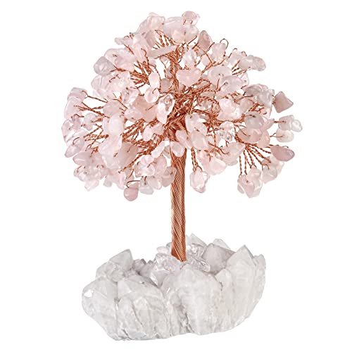 KYEYGWO Rosenquarz Heilung Kristall Geldbaum auf Natürlichen Bergkristall Druse Rohstein Basis, Feng Shui Bonsai Baum Stein Glückbaum Figur Edelsteinbaum Ornament Haus Decor von KYEYGWO