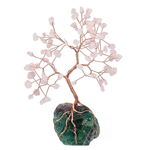 KYEYGWO Rosenquarz Heilung Kristall Geldbaum auf Natürlichen Fluorite Rohstein Base, Feng Shui Bonsai Baum Kristallbaum Figuren Stein Ornament Edelsteinbaum Haus Deko für Glück, Reichtum von KYEYGWO