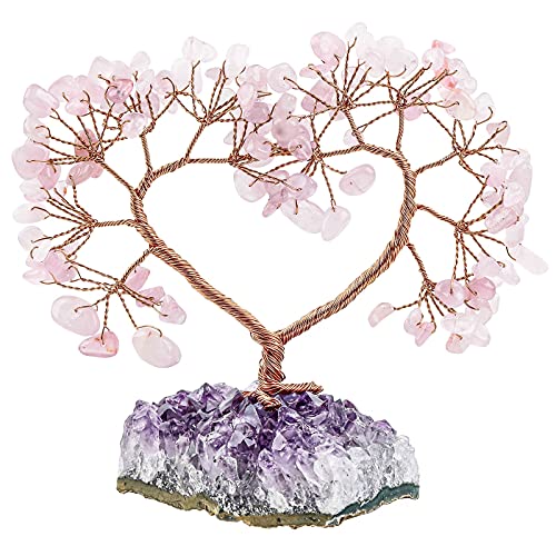 KYEYGWO Rosenquarz Herz Kristall Geldbaum auf Natürlichen Amethyst Drusensegment Rohstück Base, Feng Shui Bonsai Baum Stein Glückbaum Kristallbaum für Hochzeit, Haus Decor, Heilung von KYEYGWO