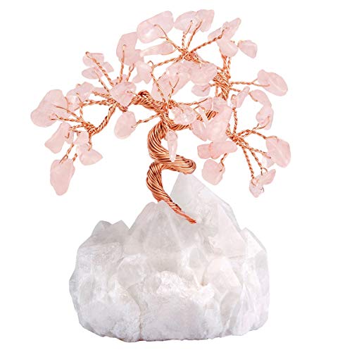 KYEYGWO Rosenquarz Kristall Geldbaum auf Bergkristall Cluster Base, Feng Shui Bonsai Glücksbaum Kristallbaum Deko für Glück, Reichtum und Gesundheit, 10-13 cm Hoch von KYEYGWO