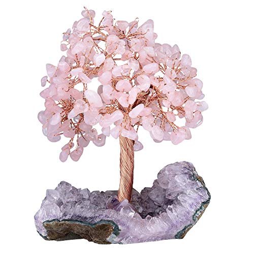 KYEYGWO Rosenquarz Reiki Heilung Kristallbaum auf Natürlichen Amethyst Drusensegment Rohstück Base, Stein Geldbaum Feng Shui Bonsai Baum Figuren Ornament Haus Deko für Glück, Reichtum von KYEYGWO