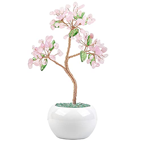 KYEYGWO Rosenquarz Reiki Heilung Kristallbaum auf Trommelsteine Keramikvase Base, Edelstein Geldbaum Feng Shui Bonsai Baum Handmade Stein Ornament für Glück Reichtum Haus Deko von KYEYGWO