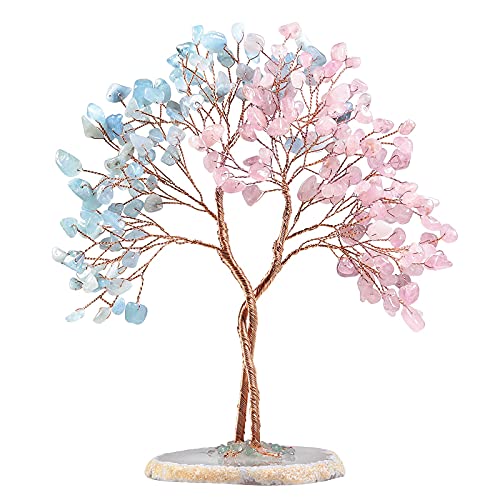 KYEYGWO Rosenquarz & Aquamarine Heilung Kristall Geldbaum auf Achat Scheiben Base, Handmade Edelsteinbaum Feng Shui Bonsai Baum Deko Stein Glückbaum Liebe Ornament für Glück, Reichtum von KYEYGWO