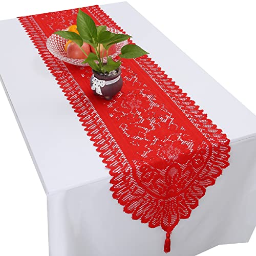 KYEYGWO Rot Hohle Spitze Tischläufer mit Vintage Blumenmuster, Elegante Makramee Tischdecke Boho Tischwäsche mit Quasten, Landhausstil Tischtuch für Esstisch Deko Hochzeit Weihnachten 135x33 cm von KYEYGWO