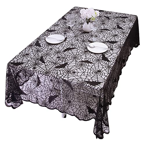 KYEYGWO Schwarz Spitze Tischdecke mit Gotisches Spinnennetz Muster, Halloween Tischwäsche Rechteck Tischtuch Spinne und Fledermaus Tischdeko für Party Allerheiligen Decor 210 x 152 cm von KYEYGWO