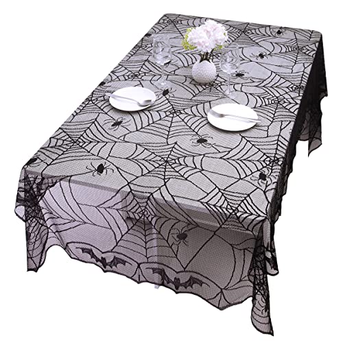 KYEYGWO Schwarz Spitze Tischdecke mit Gotisches Spinnennetz Muster, Halloween Tischwäsche Rechteck Tischtuch Spinne und Fledermaus Tischdeko für Party Allerheiligen Decor 242 x 120 cm von KYEYGWO