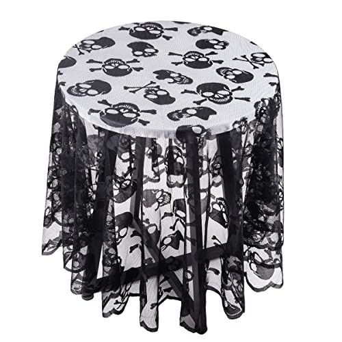 KYEYGWO Schwarz Spitze Tischdecke mit Gotisches Totenkopf Muster, Halloween Tischwäsche Round Tischtuch Schädel Tischdeko für Party Allerheiligen Decor 175 cm von KYEYGWO