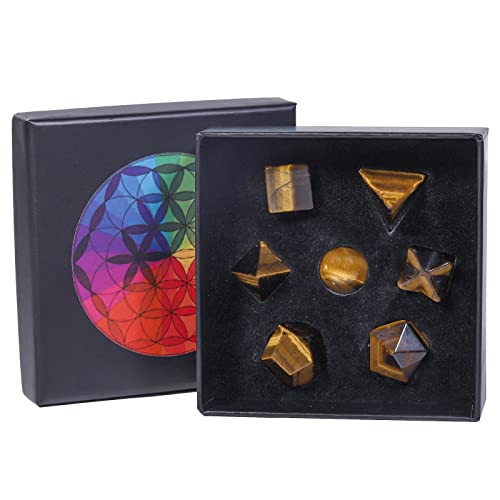 KYEYGWO Tigerauge Platonische Körper Edelstein Set mit Sphäre und Merkaba Kristall, 7pcs Heilige Geometrie Stein Trommelsteine für Feng Shui Decoration Reiki Heilung Meditation von KYEYGWO