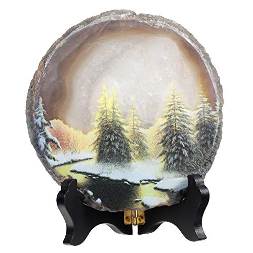 KYEYGWO Unregelmäßige Achat Scheiben mit Holz Ständer, Achatscheiben Edelstein Feng Shui Desktop Ornament Landschaft Gemalt Stein Dekoration für Reiki Heilung Meditation, Baum von KYEYGWO