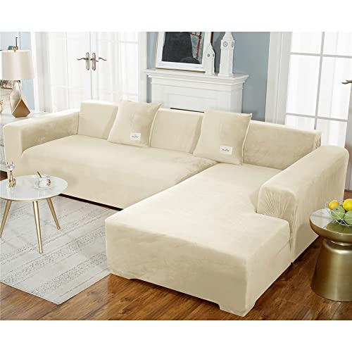 KYJSW Sofabezug mit hohem Stretch, Samt, reine Farbe, elastisches Elastan, waschbar, einfach anzubringen, für 4 Sofas (Beige, 4 Sitze) von KYJSW