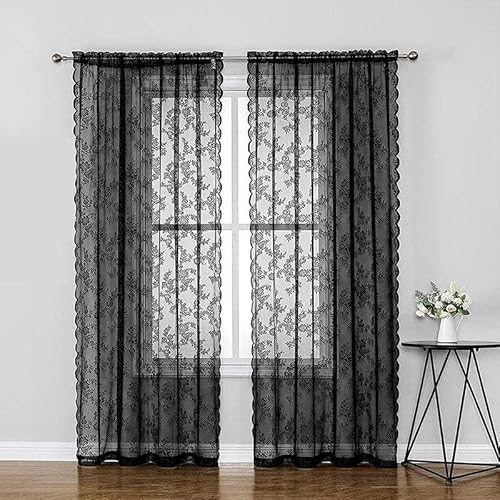 KYKHT Schwarze Spitzenvorhänge für Schlafzimmer, 2 Paneele, hohe Vintage-Vorhänge aus schwarzem Voile für Tür/Fenster, Schlitz, Lichtfilterung, Schwarz KYKHT Schwarze Spitzenvorhänge für Schlafzimmer, 2 Paneele, hohe Vintage-Vorhänge aus schwarzem Voile für Tür/Fenster, Schlitz, Lichtfilterung, Schwarz von KYKHT