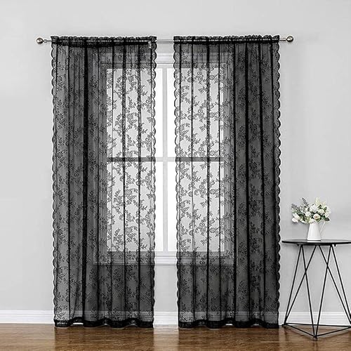 KYKHT Schwarze Spitzenvorhänge für Schlafzimmer, 2 Paneele, hohe Vintage-Vorhänge aus schwarzem Voile für Tür/Fenster, Schlitz, Lichtfilterung, Schwarz von KYKHT