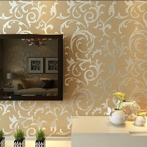 KYMMPL Klassische 3D Relief Vliestapete Grau Gold Damaskus Schlafzimmer Wohnzimmer Hintergrund Wand nicht selbstklebende Tapete (0,53 x 10 m, Gold) von KYMMPL