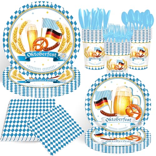 KYMY Oktoberfest-Geschirr-Set, 80-teilig, Einweg-Bier, Prost, Party, Geschirr, Teller, Servietten, Becher, Deutsches Oktober-Bierfestival-Partyzubehör für Parade, Heimdekoration, Servieren für 20 von KYMY