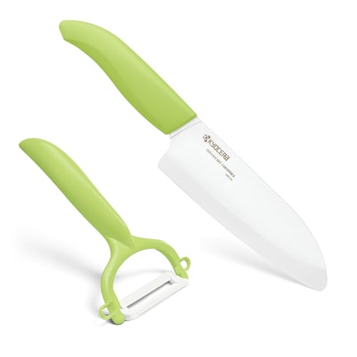 Kyocera Cut&Peel Set, Santokumesser (Klinge: 14 cm) mit Sparschäler, grüner Griff, Grün von Kyocera