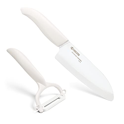 Kyocera Cut&Peel Set, Santokumesser (Klinge: 14 cm) mit Sparschäler, weißer Griff von KYOCERA