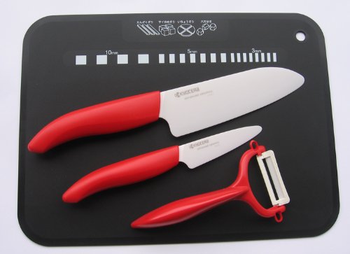 Kyocera Keramikmesser-Set: Kochmesser - Schälmesser-Sparschäler-incl. Klingenschutz und flexibler Schneidunterlage von KYOCERA