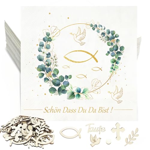 32 Kommunion Servietten Eukalyptus Fishe und 60 Taufe Deko Fisch Holz Streudeko,Schön dass Du da bist Servietten Konfirmation Holzfische für Taufdeko Junge Mädchen Tischdeko Erstkommunion Deko Set von KYOEOE