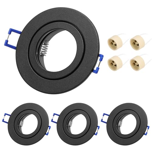 KYOTECH 4er Einbaustrahler GU10 Set Rahmen 230V Wasserdicht IP44 Schwarz Led Einbaurahmen Spot Rund Einbauleuchte Einbauspots 68mm Lochdurchmesser inkl. GU10 Fassung LED oder Halogen Leuchtmittel von KYOTECH