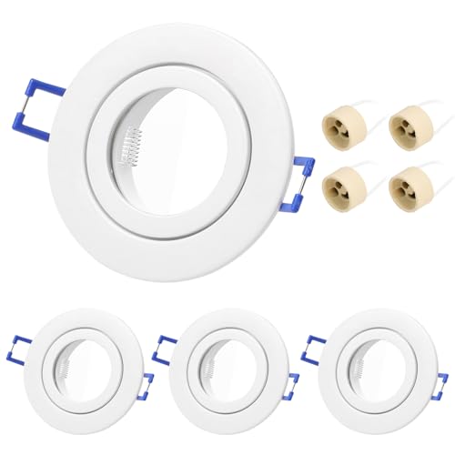 KYOTECH 4er Einbaustrahler GU10 Set Rahmen 230V Wasserdicht IP44 Weiß Led Einbaurahmen Spot Rund Einbauleuchte Einbauspots 68mm Lochdurchmesser inkl. GU10 Fassung LED oder Halogen Leuchtmittel von KYOTECH