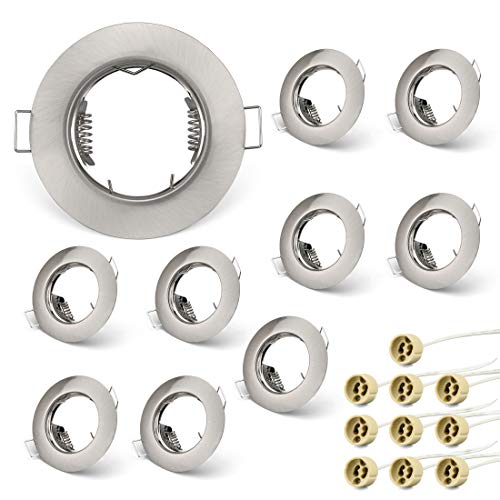 KYOTECH Einbaustrahler Einbaurahmen GU10 Set, Einbaustrahler Rahmen Rund Nickel gebürstet, Einbauspots Einbauleuchten für Halogen Leuchtmittel LED-Modul MR16, inkl. GU10 Fassung für 230V 10er Set von KYOTECH