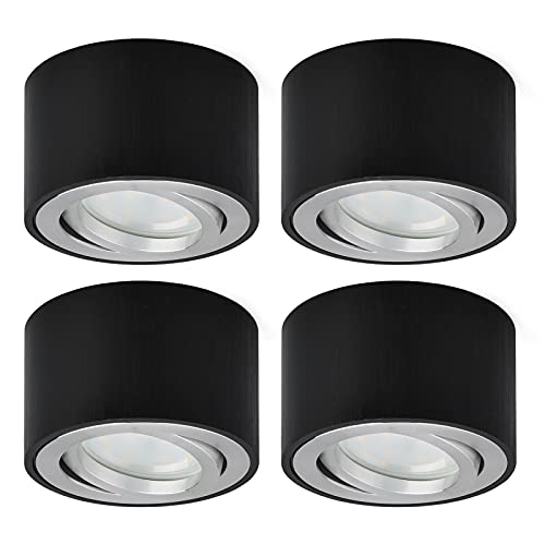 KYOTECH LED Aufbauspot Flach 230V Schwenkbar Ø80x50mm Downlight aufputz inkl. 5W LED Modul Deckenleuchte Aufputz Warmweiß 3000K 400LM LED Aufputz Spotleuchte Rund Schwarz Gebürstet 4er Set von KYOTECH