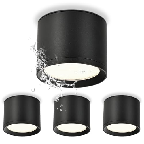 KYOTECH LED Aufbauspots IP44 - Ø84*65mm Deckenspots Schwarz Matt - 6W 550LM GX53 LED Aufbaustrahler - Aluminium 4000K Neutralweiß Aufputz 230v Aufbauleuchte Deckenlampe für Bad Badezimmer 4 Stück von KYOTECH