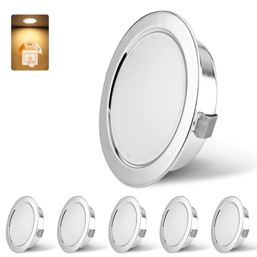 KYOTECH LED Einbaustrahler 230V Dimmbar, 3W 3000K Warmweiß LED Spot Ultra Flach 300LM Bohrloch 55-58mm und 15mm Flache, IP44 Möbeleinbauleuchte Einbauspots für Spiegelschrank, Chrom 6er Set von KYOTECH