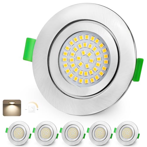 KYOTECH LED Einbaustrahler 230V Dimmbar 60-75mm Ultra Flach LED Spots 5W IP65 Bad Einbauleuchten Deckenspots Neutralweiß 4000K Einbauspots für Badezimmer Wohnzimmer, Nickel 6er Set (Nicht Drehbar) von KYOTECH