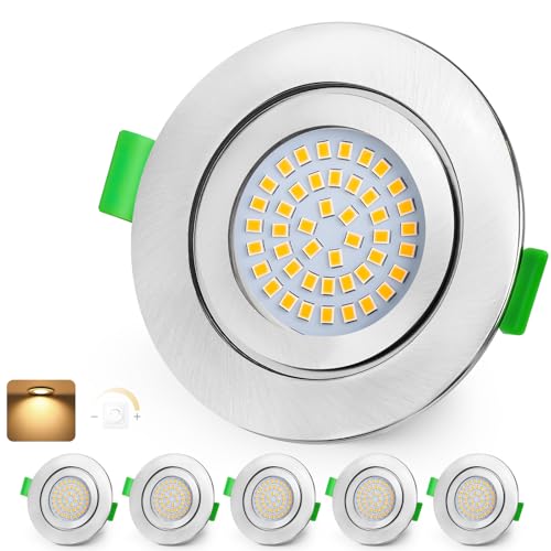 KYOTECH LED Einbaustrahler 230V Dimmbar 60-75mm Ultra Flach LED Spots 5W IP65 Bad Einbauleuchten Deckenspots Warmweiß 2700K Einbauspots für Badezimmer Wohnzimmer, Nickel 6er Set (Nicht Drehbar) von KYOTECH